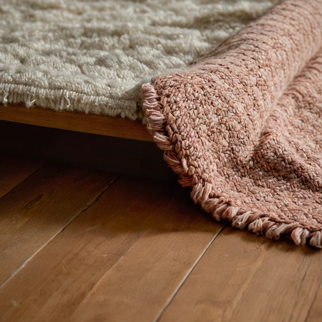 Folded corner of a wool rug over a bench edge