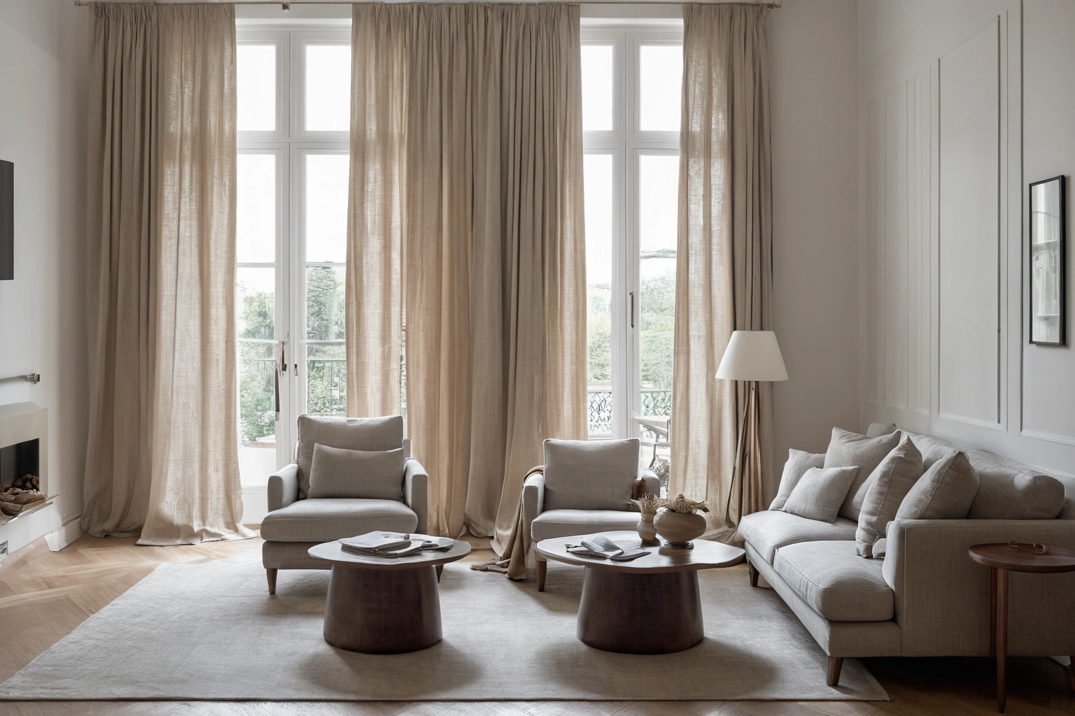 Living room with a large low-pile wool area rug